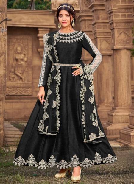 Black Colour New Designer Wedding Wear Heavy Silk Anarkali Salwar Suit Collection 2023 E